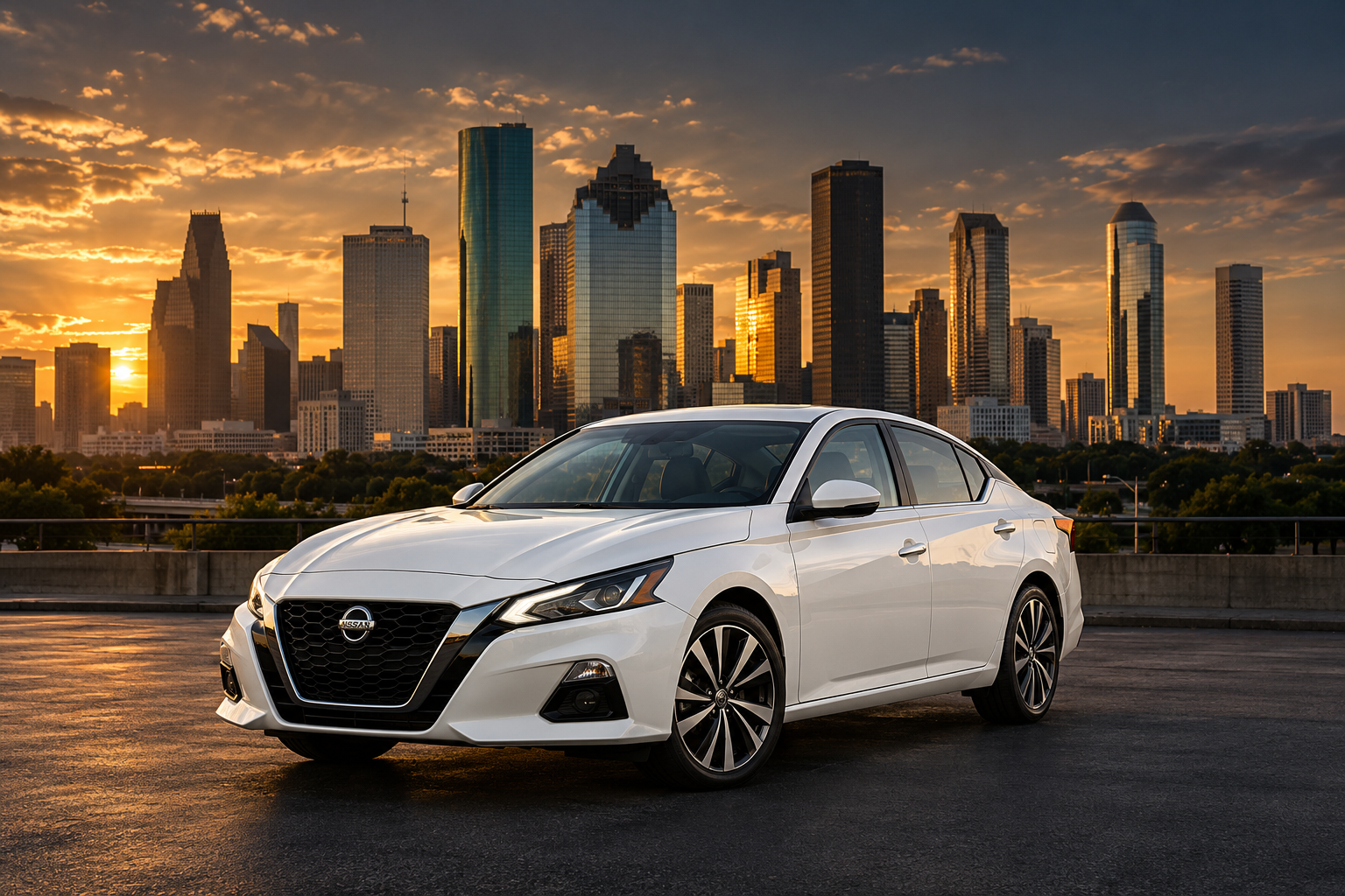 White Nissan Altima with the Houston skyline at golden hour